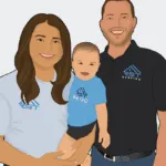 Happy family portrait illustration showing parents and baby wearing matching company shirts