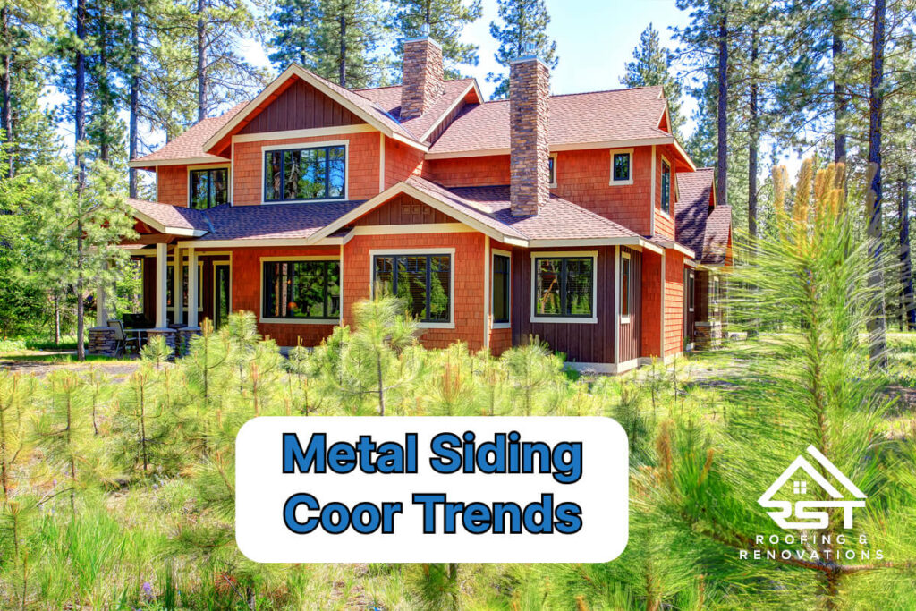 Modern House With Red Metal Siding Surrounded By Pine Trees In A Forest