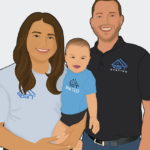 Happy family portrait illustration showing parents and baby wearing matching company shirts