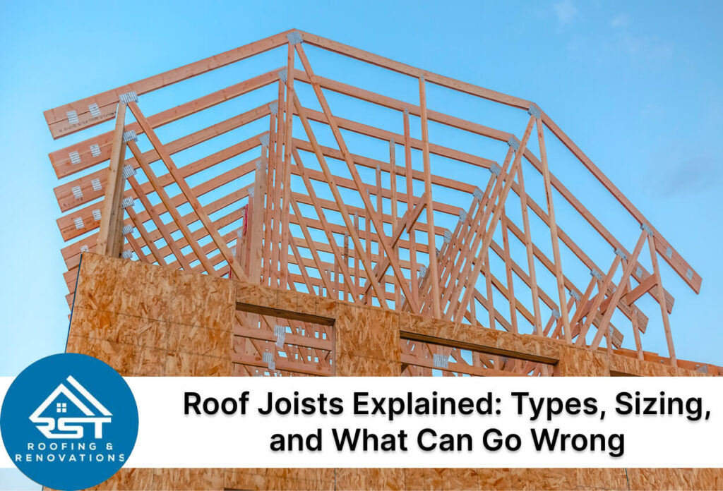 Wooden Roof Joists In Construction Against A Blue Sky Background.
