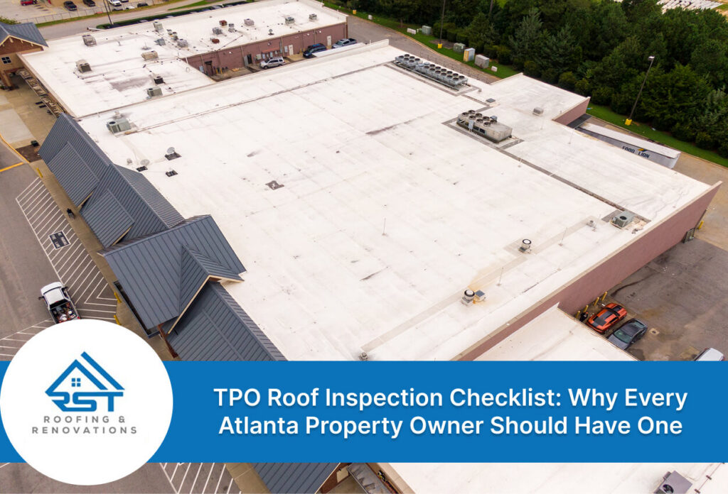 Drone view of a commercial building with a TPO roof in Atlanta.