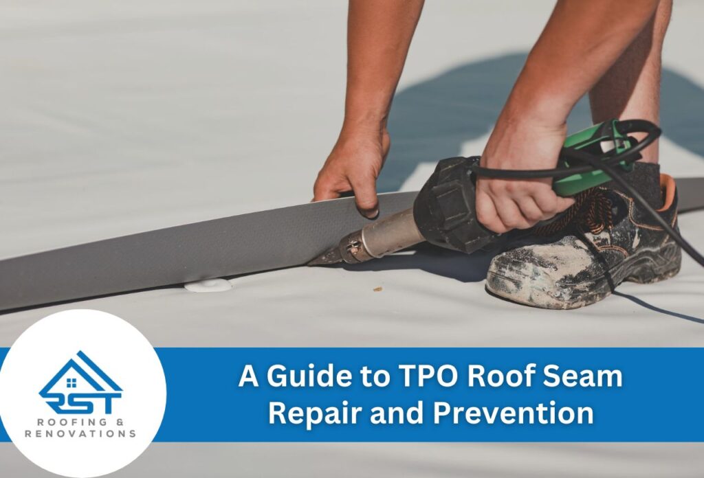 Worker Using Heat Gun Tool To Repair Tpo Roof Membrane Seam On White Rooftop