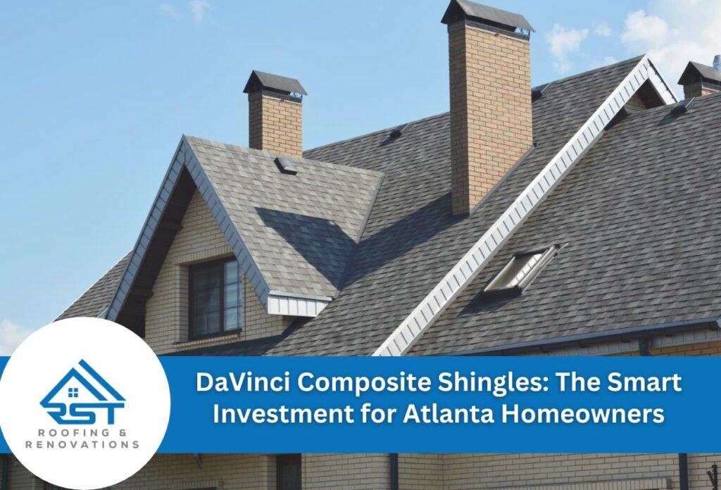 Modern House With Davinci Composite Shingles And Brick Chimneys Against Blue Sky
